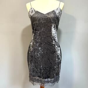 VTG Y2K Guess Gray Crushed Velvet Lace Trim Mini Dress Spaghetti Strap Size M